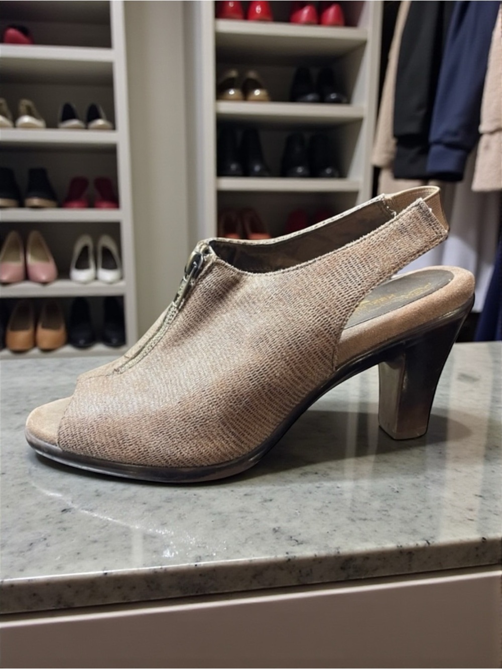 AEROSOLES Brown Wedge snake skin suede 8M open toe sling back high heel​